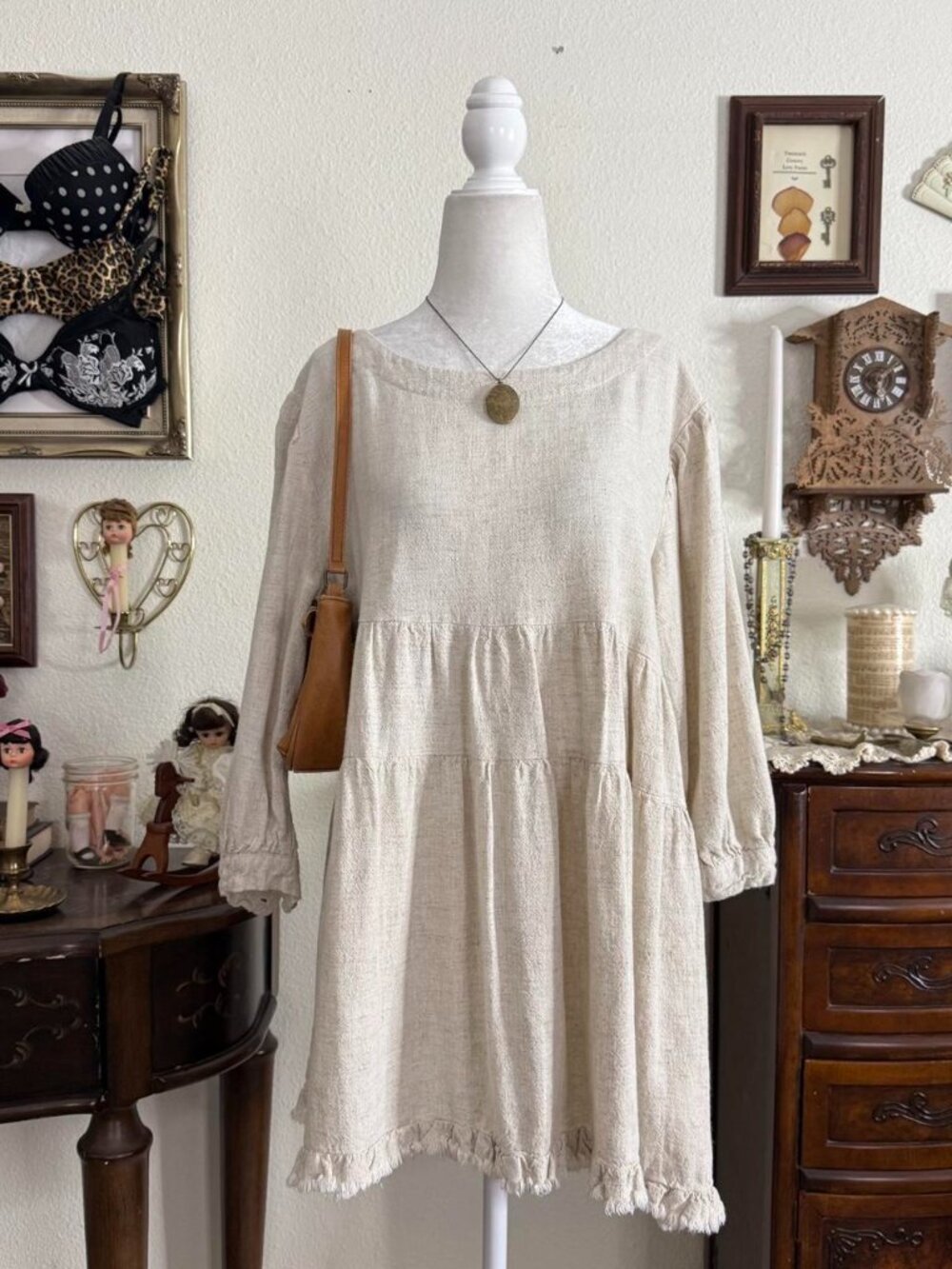 Dainty boho fairy whimsical cream color tiered babydoll dress w 3/4 length sleev